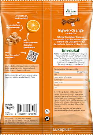 Bonbon, Ingwer-Orange, zuckerfrei Em-eukal