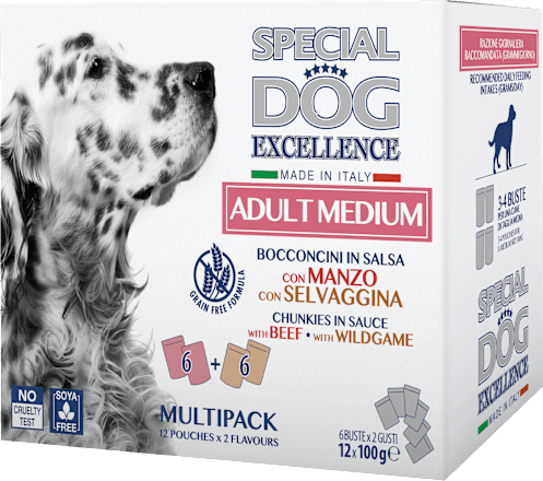Multi pakiranje mokre hrane za odrasle pse srednjih pasem Divjačina + Govedina, 12x100 g SPECIAL DOG EXCELLENCE