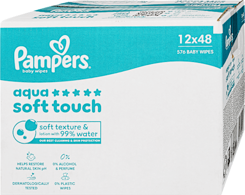 Nedves törlőkendő, Aqua Soft Touch, 12x48 db Pampers baby-dry
