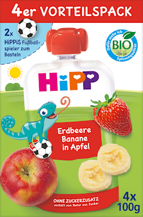 Hippis EKO voćni pire – jabuka s bananom i jagodom, 1+ g., 4 x 100 g HiPP