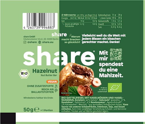 Nussriegel Nut Butter Bar Hazelnut share