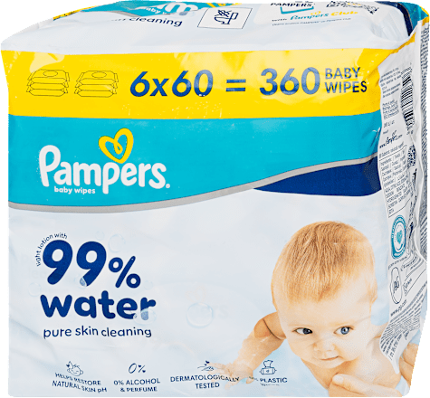 Nedves törlőkendő 99% vízzel, 6x60 db Pampers baby-dry