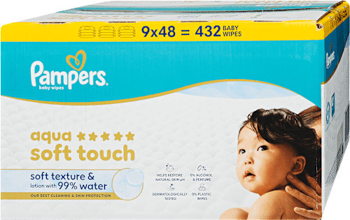 Nedves Törlőkendő Aqua Soft Touch, 99% vízzel, 9x48 db Pampers baby-dry