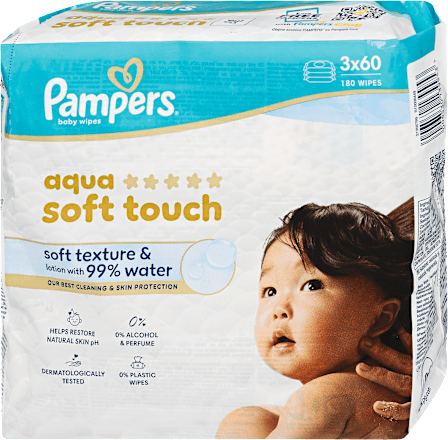 Nedves törlőkendő Aqua Soft Touch 99% vízzel, 3x60 db Pampers