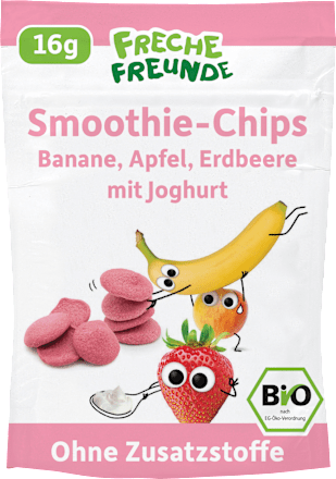 Kindersnack Smoothie-Chips Banane Apfel Erdbeere mit Joghurt, ab 3 Jahren Freche Freunde