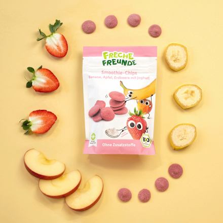 Kindersnack Smoothie-Chips Banane, Apfel, Erdbeere mit Joghurt Freche Freunde