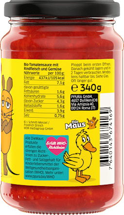 Tomatensauce, Bolognese mit Rindfleisch für Kinder PPURA