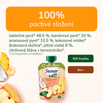 BIO příkrm v sáčku Jablko, banán, ananas, kokos Sunar