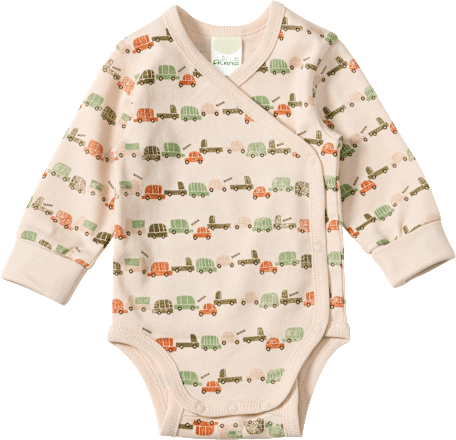 Wickelbody Langarm mit Mitwachsfunktion & Fahrzeug-Muster, beige, Gr. 62/68 ALANA
