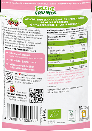 Kindersnack Smoothie-Chips Banane Apfel Erdbeere mit Joghurt, ab 3 Jahren Freche Freunde