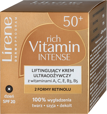 Liftingujący krem ultraodżywczy z witaminami 50+, SPF 20, na dzień Lirene