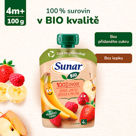 BIO příkrm v sáčku Banán, jablko, jahoda, malina Sunar