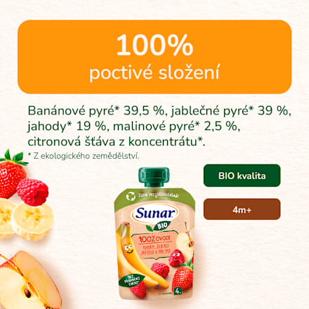 BIO příkrm v sáčku Banán, jablko, jahoda, malina Sunar