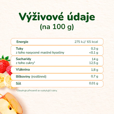 BIO příkrm v sáčku Banán, jablko, jahoda, malina Sunar