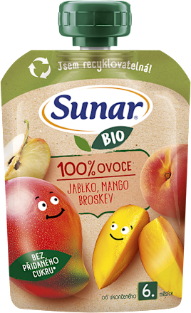 BIO příkrm v sáčku Jablko, mango, broskev Sunar