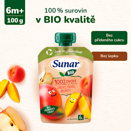 BIO příkrm v sáčku Jablko, mango, broskev Sunar