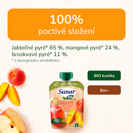 BIO příkrm v sáčku Jablko, mango, broskev Sunar