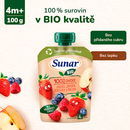 BIO příkrm v sáčku Jablko, jahoda, borůvka, malina Sunar