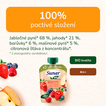 BIO příkrm v sáčku Jablko, jahoda, borůvka, malina Sunar