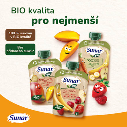BIO příkrm v sáčku Jablko, banán, ananas, kokos Sunar