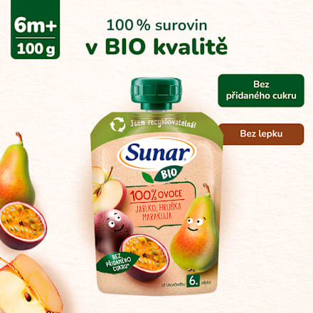 BIO příkrm v sáčku Jablko, hruška, marakuja Sunar