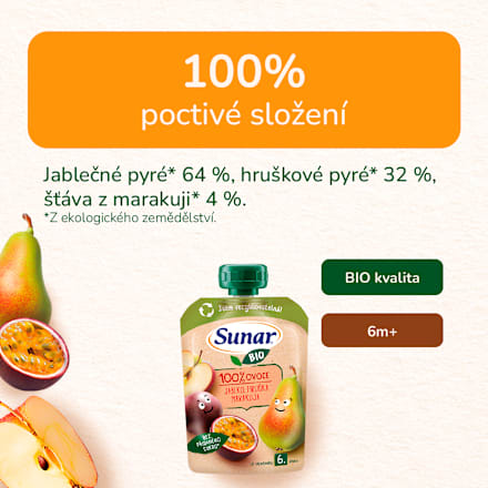 BIO příkrm v sáčku Jablko, hruška, marakuja Sunar
