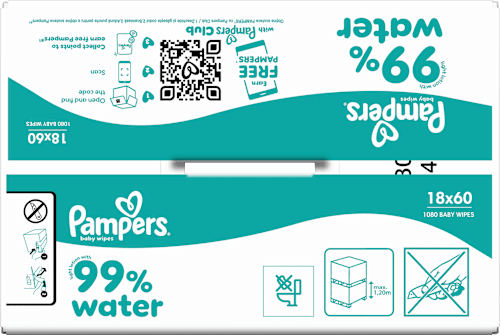 Vlhčené utierky 99 % water 18 x 60 Pampers baby-dry