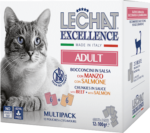 Multi pakiranje mokre hrane za odrasle mačke Govedina + Losos, 12x100 g LECHAT EXCELLENCE