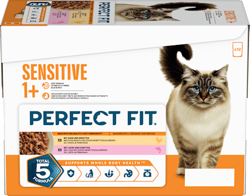 Nassfutter Katze mit Huhn & Lachs, sensitiv Multipack (12x85 g) PERFECT FIT