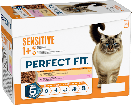 Nassfutter Katze mit Huhn & Lachs, sensitiv Multipack (12x85 g) PERFECT FIT