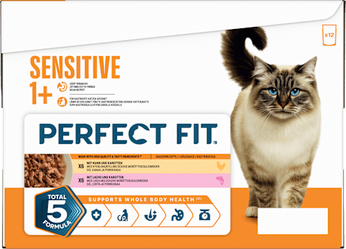 Nassfutter Katze mit Huhn & Lachs, sensitiv Multipack (12x85 g) PERFECT FIT