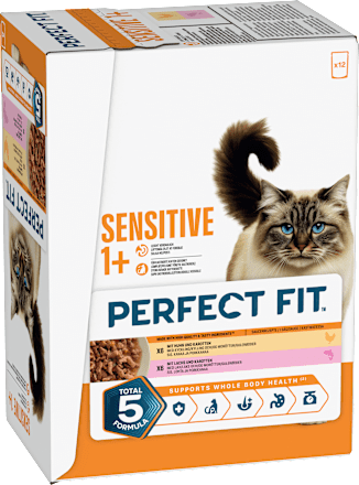 Nassfutter Katze mit Huhn & Lachs, sensitiv Multipack (12x85 g) PERFECT FIT