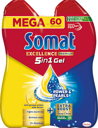 Detergent za strojno pomivanje posode Excellence Premium, MEGA, 2 x 540 ml Somat