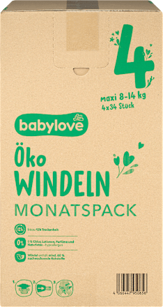Windeln Öko Gr. 4 maxi (8-14 kg) Monatspack babylove nature
