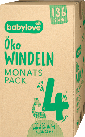 Pannolini ecologici taglia 4 maxi (8-14 kg), pacco mensile babylove