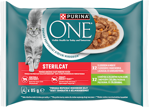 Sterilised kapsičky pro kočky krůta, losos ve šťávě 4x85g PURINA ONE