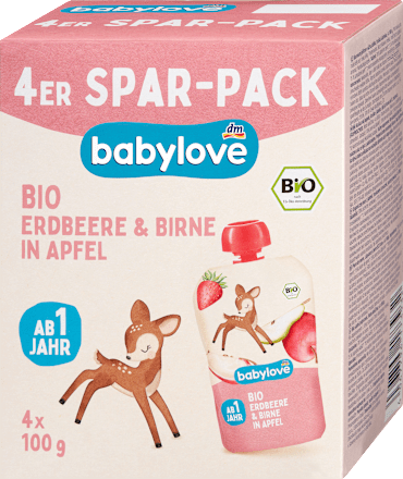 bio ovocný příkrm v sáčku jablko, hruška & jahoda, 4 x 100 g babylove