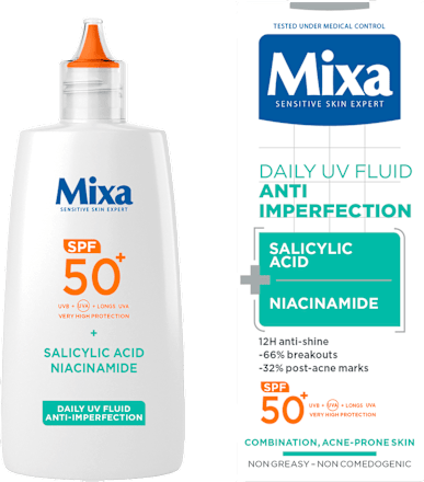 Слънцезащитен флуид със салицилова киселина, SPF 50+ Mixa