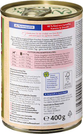 Nassfutter Hund mit 60% Rind mit Kartoffel, Karotte & Distelöl, Naturverliebt Dein Bestes