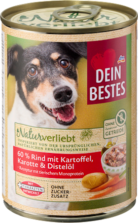 Nassfutter Hund mit 60% Rind mit Kartoffel, Karotte & Distelöl, Naturverliebt Dein Bestes