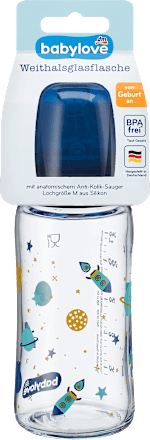 Babyflasche Weithals aus Glas, blau, von Geburt an, 240 ml babylove