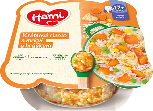 Príkrm Malý gurmán krémové rizoto s mrkvou a hráškom Hami