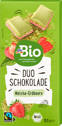bílá čokoláda matcha s jahodovou náplní dmBio