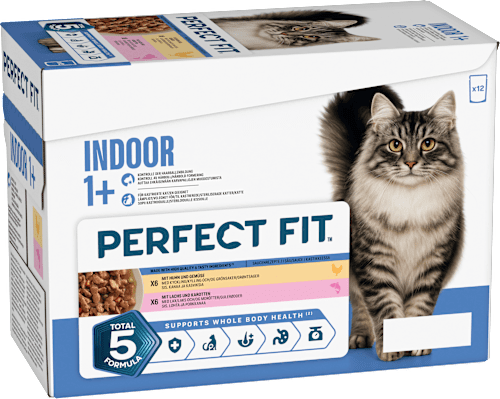 Nassfutter Katze mit Huhn & Lachs, Indoor Multipack (12x85 g) PERFECT FIT