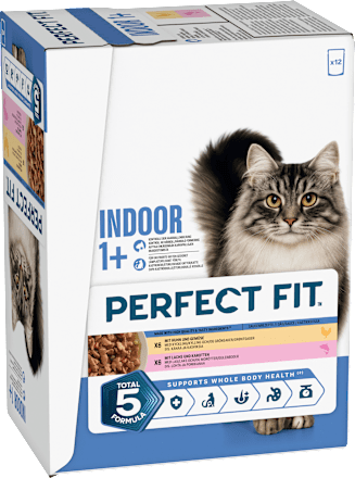 Nassfutter Katze mit Huhn & Lachs, Indoor Multipack (12x85 g) PERFECT FIT