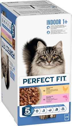 Nassfutter Katze mit Huhn & Lachs, Indoor Multipack (12x85 g) PERFECT FIT