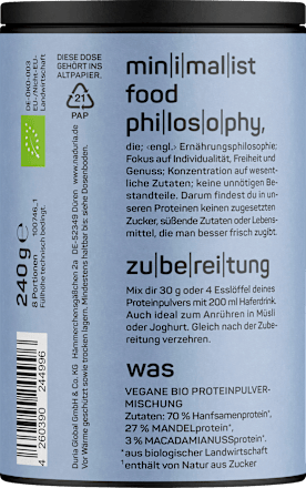 Proteinpulver Hanf, Mandel & Macadamia, ungesüßt, vegan Naduria