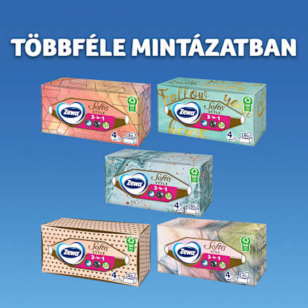 Papír zsebkendő dobozos Softis Style, 4 rétegű, többféle ZEWA