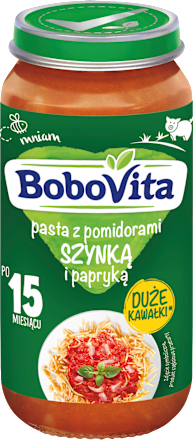 Pasta z pomidorami szynką i papryką po 15 miesiącu Bobovita