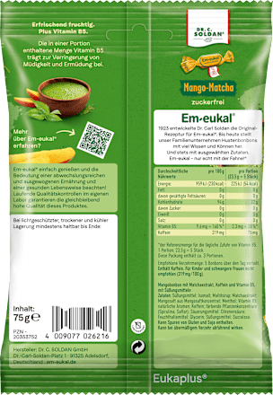 Em-eukal Bonbon, Mango-Matcha, gefüllt, zuckerfrei, 75 g dauerhaft ...